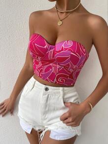 SHEIN Privé Graphic Print Grommet Lace Up Back Bustier Crop Tube Top - Hot Pink - View 4