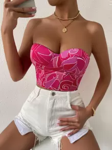 SHEIN Privé Graphic Print Grommet Lace Up Back Bustier Crop Tube Top - Hot Pink - View 5