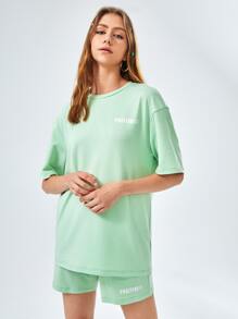 Manfinity VCAY 宽松版落肩字母图案T恤一件装和短裤一件装，情侣套装 - 薄荷綠 - 查看 6