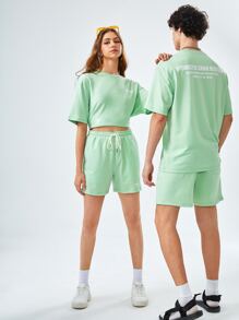 Manfinity VCAY 宽松版落肩字母图案T恤一件装和短裤一件装，情侣套装 - 薄荷綠 - 查看 8