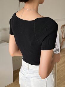 DAZY Áo len cổ tim viền gân, Quần áo trở lại trường - màu đen - Xem 5