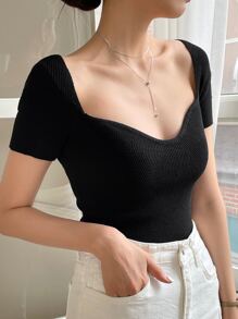 DAZY Áo len cổ tim viền gân, Quần áo trở lại trường - màu đen - Xem 7