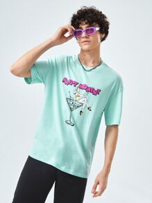 Manfinity VCAY 1pc Loose Fit Drop Shoulder Figure & Letter Graphic T-Shirt - Mint Green - View 3