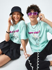 Manfinity VCAY 1pc Loose Fit Drop Shoulder Figure & Letter Graphic T-Shirt - Mint Green - View 1