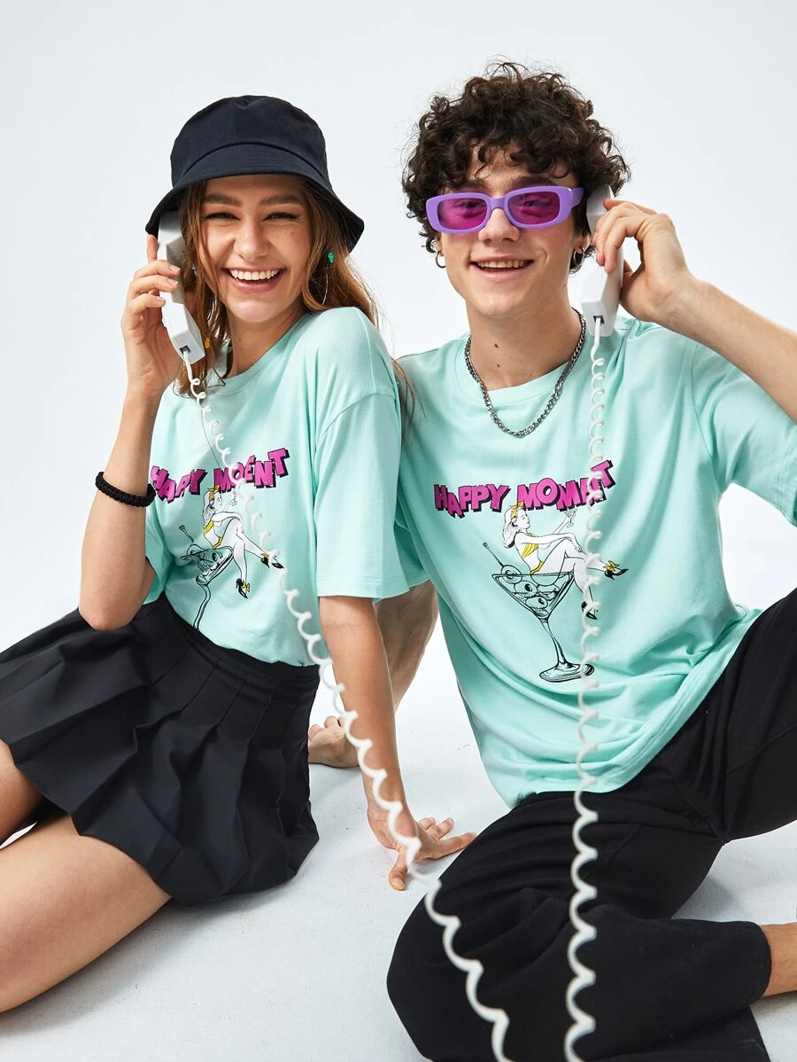 Manfinity VCAY 1pc Loose Fit Drop Shoulder Figure & Letter Graphic T-Shirt - Mint Green - View 1
