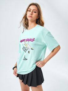Manfinity VCAY 1pc Loose Fit Drop Shoulder Figure & Letter Graphic T-Shirt - Mint Green - View 4
