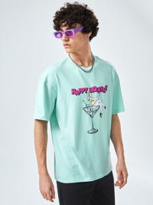 Manfinity VCAY 1pc Loose Fit Drop Shoulder Figure & Letter Graphic T-Shirt - Mint Green - View 5