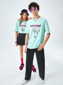 Manfinity VCAY 1pc Loose Fit Drop Shoulder Figure & Letter Graphic T-Shirt - Mint Green - View 6
