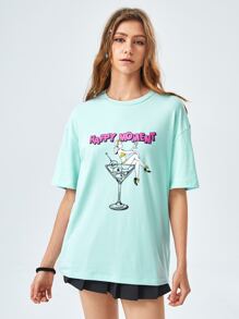 Manfinity VCAY 1pc Loose Fit Drop Shoulder Figure & Letter Graphic T-Shirt - Mint Green - View 7