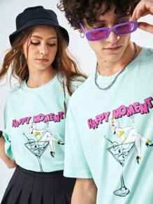 Manfinity VCAY 1pc Loose Fit Drop Shoulder Figure & Letter Graphic T-Shirt - Mint Green - View 9