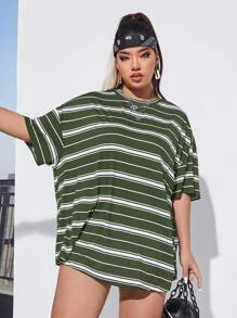 SHEIN EZwear Plus Drop Shoulder Striped Tee - Green - View 4