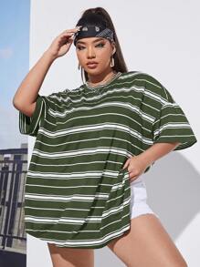 SHEIN EZwear Plus Drop Shoulder Striped Tee - Green - View 6