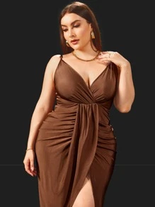 SHEIN Privé Đầm Plus Size Vắt Xù Trọn gói màu trơn Giải trí - Cà phê nâu - Xem 4