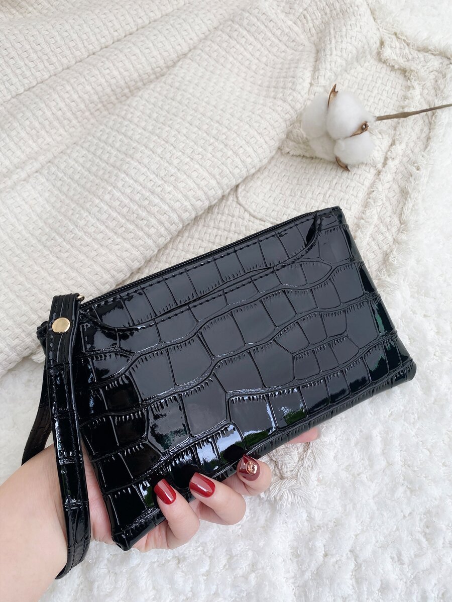 Mini Crocodile Embossed Square Bag Hight Quality Leather - Black - View 1