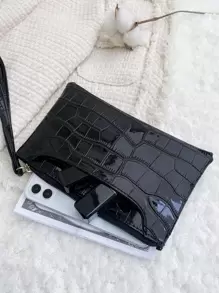 Mini Crocodile Embossed Square Bag Hight Quality Leather - Black - View 2