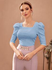 Modelyn Puff Sleeve Square Neck Tee - Baby Blue - View 1