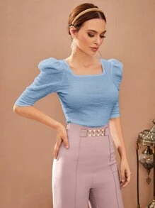 Modelyn Puff Sleeve Square Neck Tee - Baby Blue - View 5