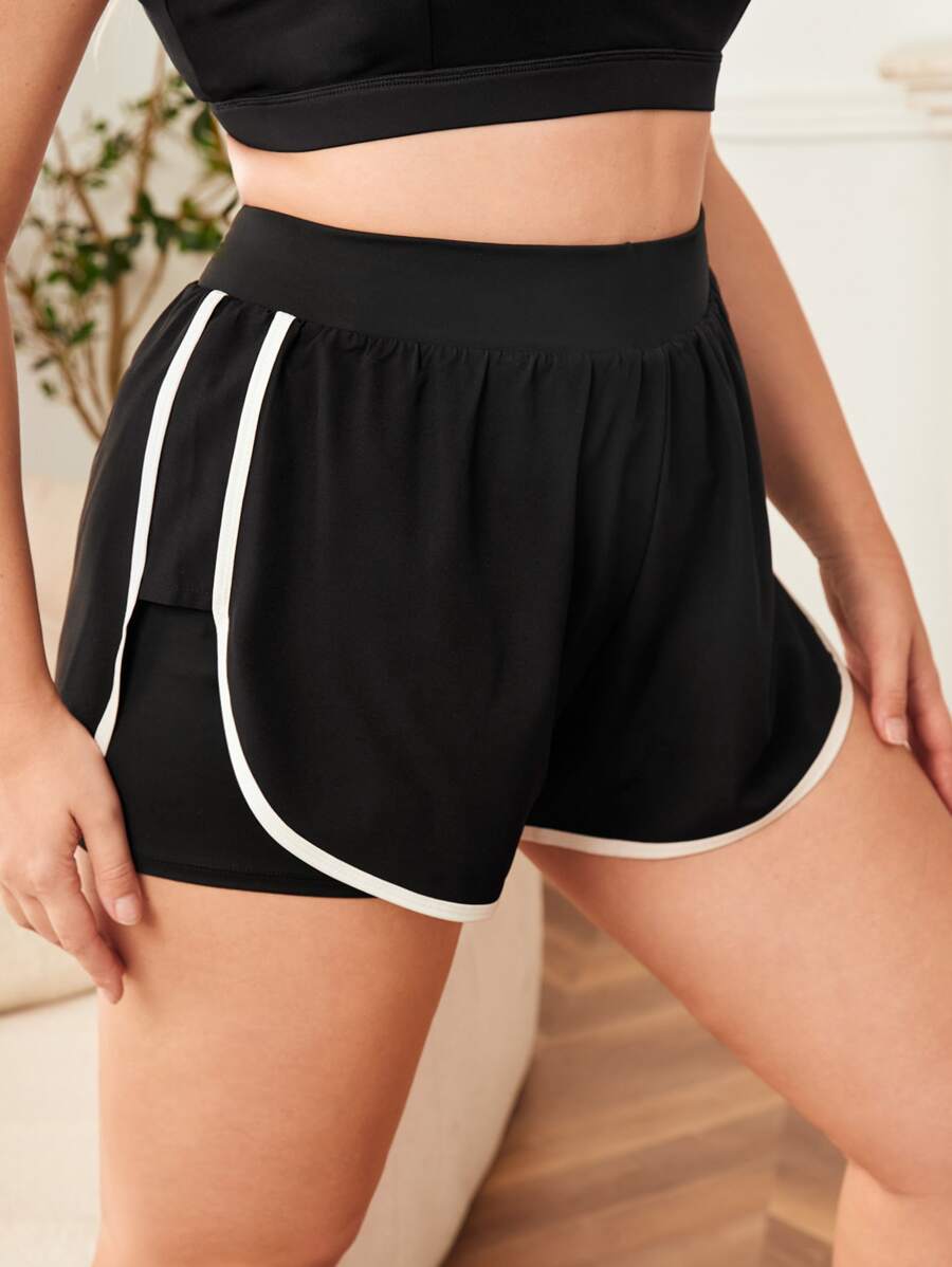 SHEIN Running Plus Lightweight Contrast Binding Sports Shorts - Black - View 1