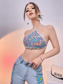 SHEIN Unity 後綁帶撞色掛脖上衣 - 彩色 - 查看 3