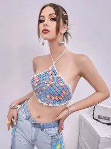 SHEIN Unity 後綁帶撞色掛脖上衣 - 彩色 - 查看 4