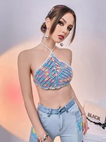 SHEIN Unity 後綁帶撞色掛脖上衣 - 彩色 - 查看 5