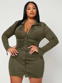 SHEIN SXY Plus Ruched Button Through Dress - Army Green - View 1