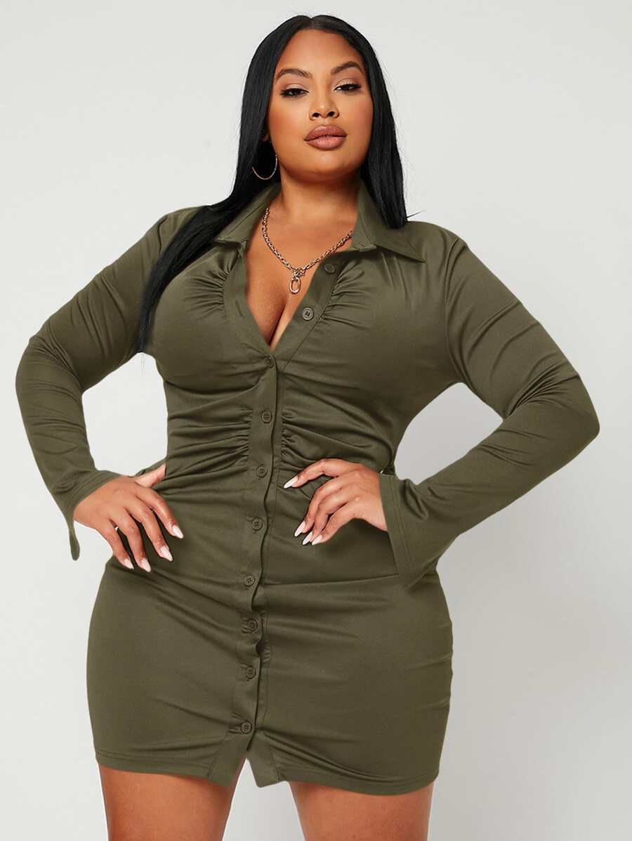 SHEIN SXY Plus Ruched Button Through Dress - Army Green - View 1