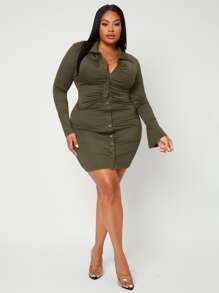 SHEIN SXY Plus Ruched Button Through Dress - Army Green - View 3