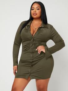 SHEIN SXY Plus Ruched Button Through Dress - Army Green - View 5