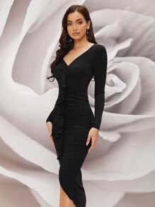 Modelyn Vestido ajustado escote V con fruncido fruncido delantero bajo con abertura - Negro - Ver 4