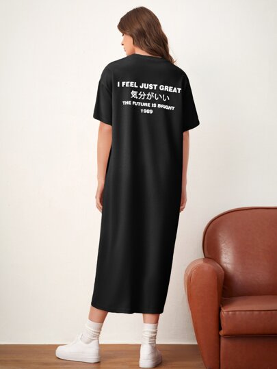 Mulvari Japanese Letter Graphic Drop Shoulder Tee Dress