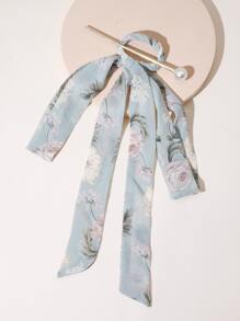 1pc Fashionable Elegant Floral Print Long Ribbon Hair Clip, Hair Accessories, Head Accessories,Summer,Holiday,Travel - Baby Blue - View 4