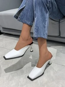 編織壓花方頭酒杯高跟帶跟穆勒鞋 - 白色 - 查看 1