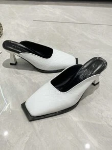 編織壓花方頭酒杯高跟帶跟穆勒鞋 - 白色 - 查看 2