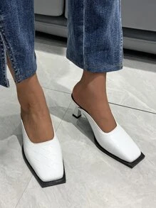 編織壓花方頭酒杯高跟帶跟穆勒鞋 - 白色 - 查看 3