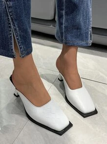 編織壓花方頭酒杯高跟帶跟穆勒鞋 - 白色 - 查看 4