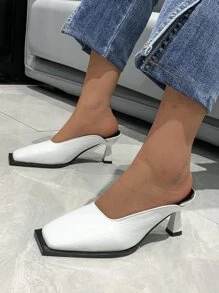 編織壓花方頭酒杯高跟帶跟穆勒鞋 - 白色 - 查看 5