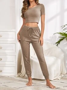 Ribbed Knit Tee & Tie Waist Pants Lounge Set Outfit - Khaki - View 3