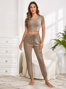 Ribbed Knit Tee & Tie Waist Pants Lounge Set Outfit - Khaki - View 4