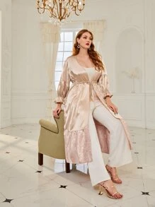 Al Najma Plus Flounce Sleeve Drawstring Waist Contrast Lace Abaya - Champagne - View 3