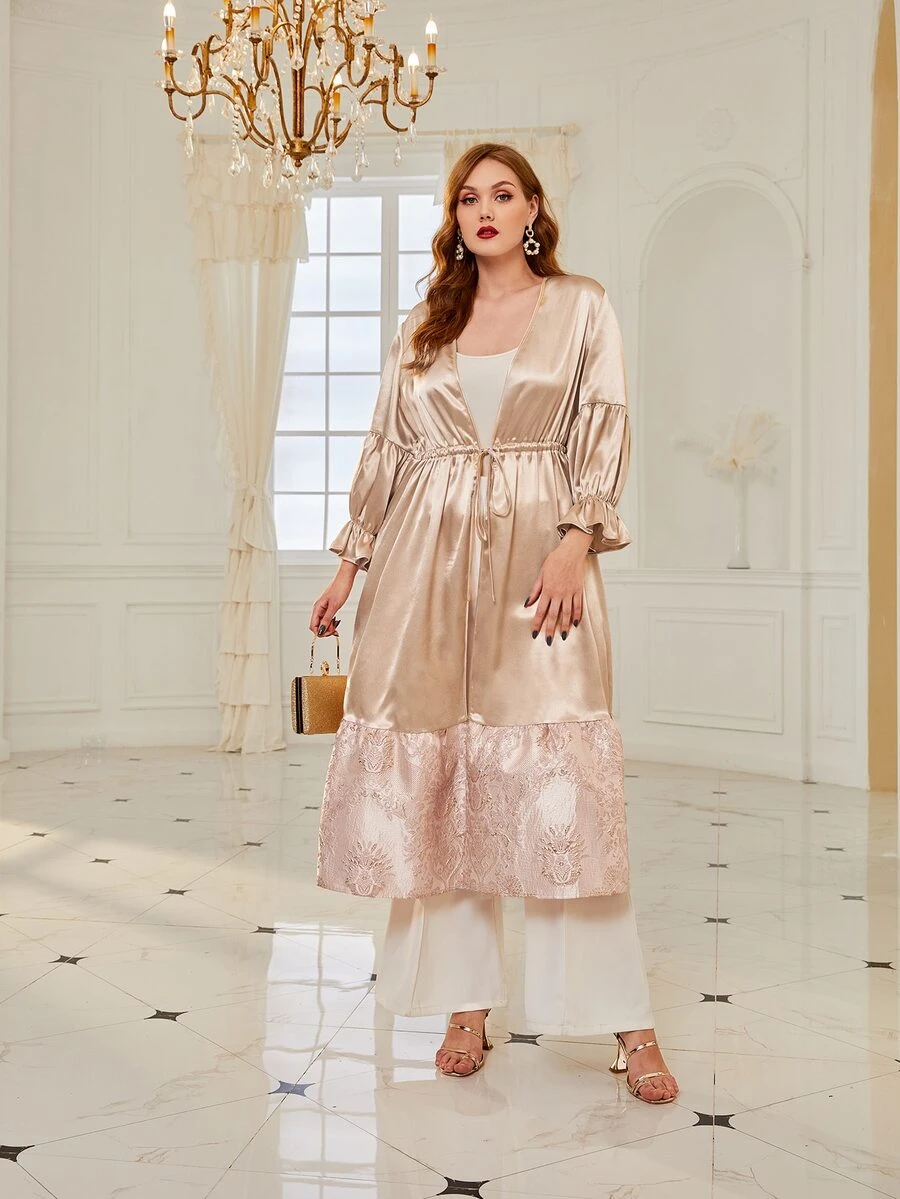 Al Najma Plus Flounce Sleeve Drawstring Waist Contrast Lace Abaya - Champagne - View 1