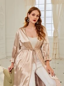 Al Najma Plus Flounce Sleeve Drawstring Waist Contrast Lace Abaya - Champagne - View 5