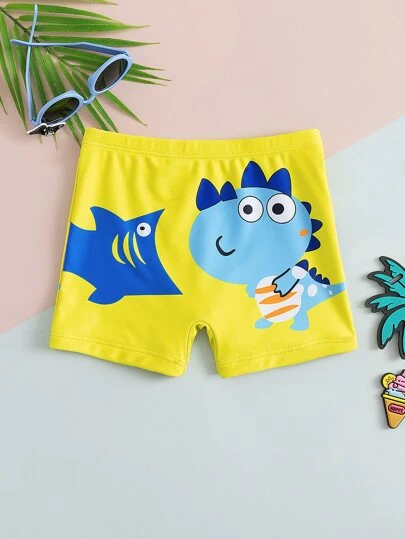 Young Boys' Casual Vacation Cartoon Dinosaur & Shark Print Beach Swim Trunks, Spring/Summer