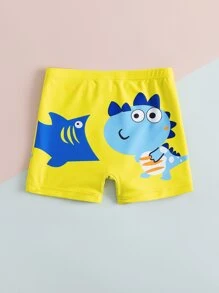 Young Boys' Casual Vacation Cartoon Dinosaur & Shark Print Beach Swim Trunks, Spring/Summer - Yellow - View 2