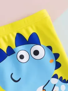 Young Boys' Casual Vacation Cartoon Dinosaur & Shark Print Beach Swim Trunks, Spring/Summer - Yellow - View 3