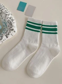 1pair Women's Simple Asymmetrical Green Striped Mid-Calf Socks, Fall - Multicolor - View 4