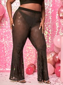 SHEIN SXY Plus Sequin Sheer Mesh Flare Leg Trousers Without Panty - Black - View 3