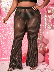 SHEIN SXY Plus Sequin Sheer Mesh Flare Leg Trousers Without Panty - Black - View 4