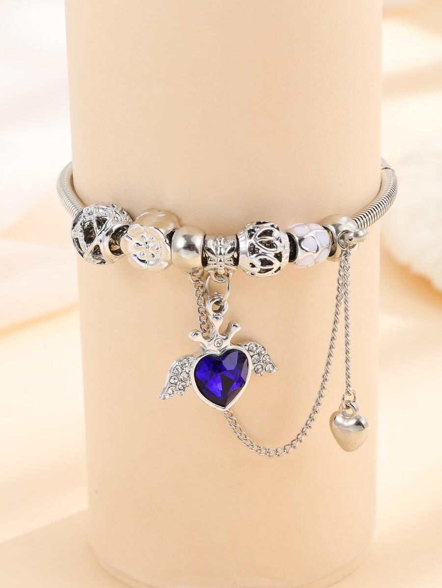 Rhinestone Trang trí nội thất trái tim Charm Bracelet - Bạc - Xem 1