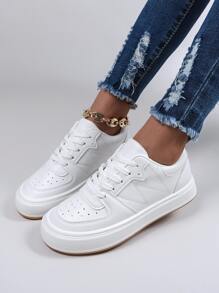 穿孔細節前綁帶板鞋,白色學院風素色女士休閒運動鞋 - 白色 - 查看 3